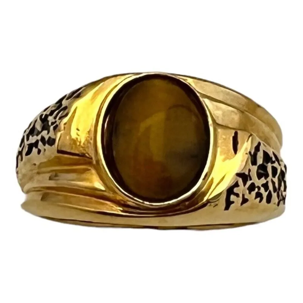 Vintage 1970s Ring Size 10 Uncas Tiger's Eye 14K Gold Plate Gent's - 14N